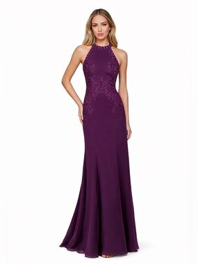 Plum Purple Lace Appliqué Beaded Halter Gown |  Formal Dress | Wedding Guest